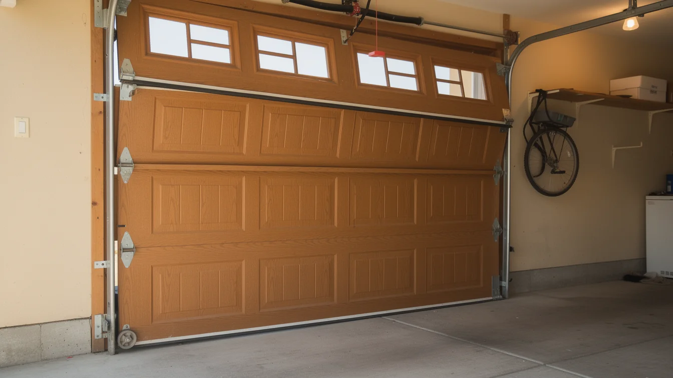 A brown garage door with windows is partially open.