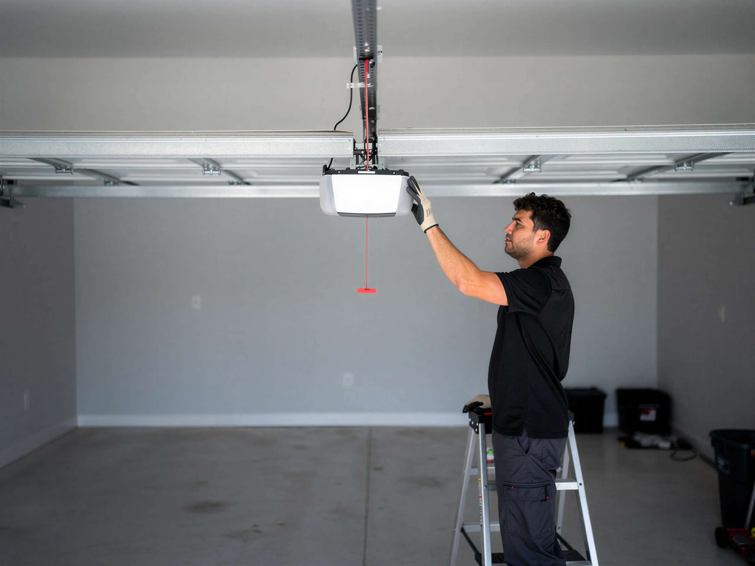 A technician on a ladder adjusts a garage door opener in a garage.