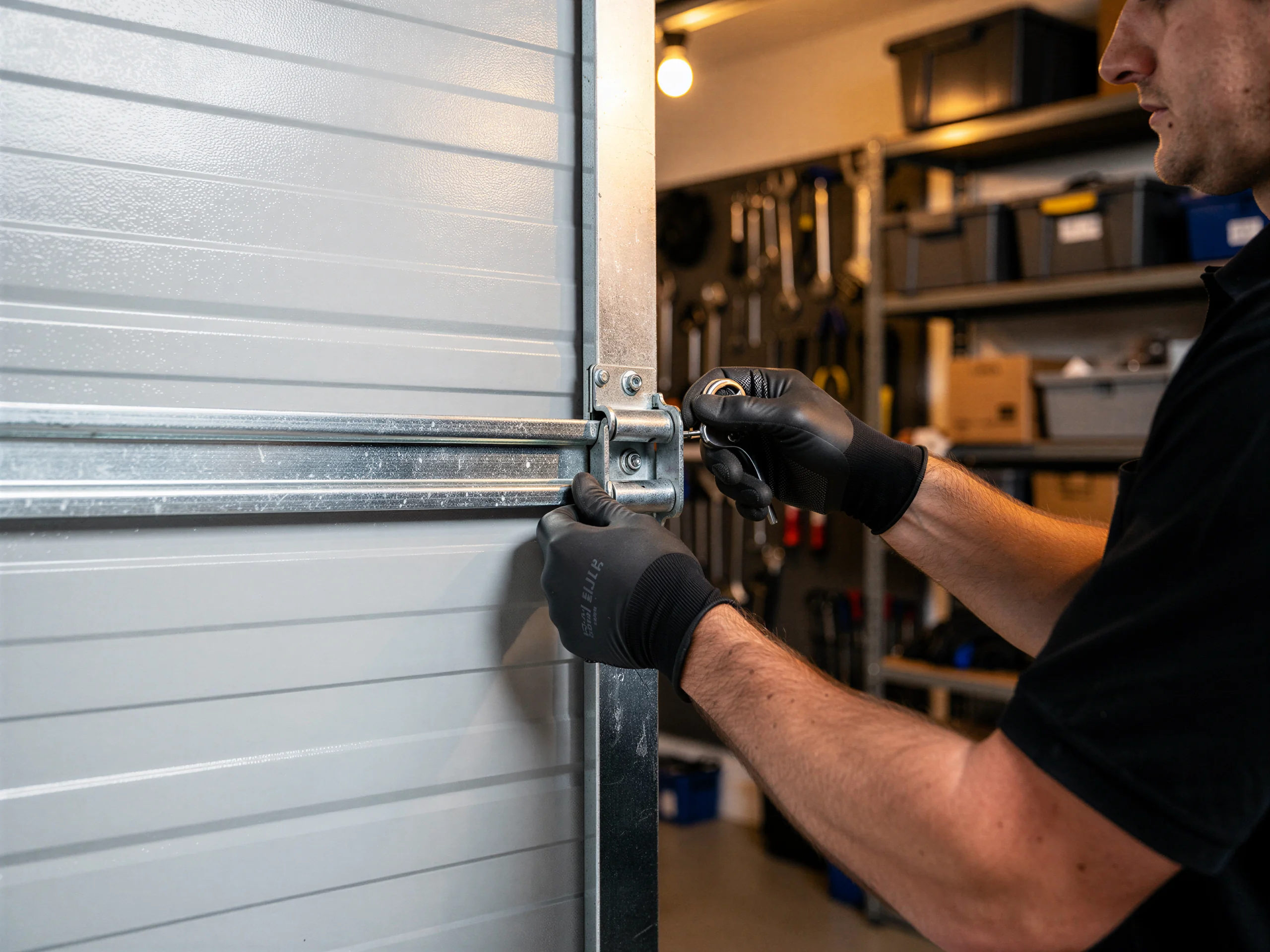 A technician in black gloves adjusts a metal bracket on a gray garage door.